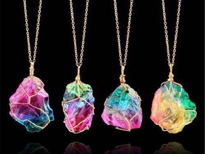 Rainbow Stone Natural Crystal Chakra Rock on a Chain Quartz Pendant​