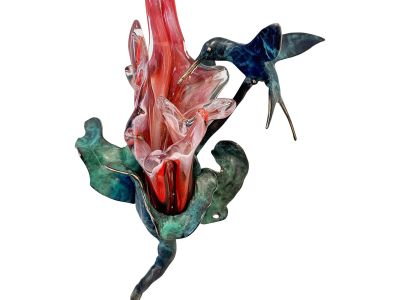 Late 20th Century Michael Storey "Hummer on Glass" Hummmingbird Bird Flower Solid Bronze Sculpture Handmade Signed