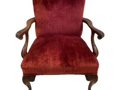 19th Century English George II Style Chippendale Ball and Clawfoot Bergere Chair in Red Velvet