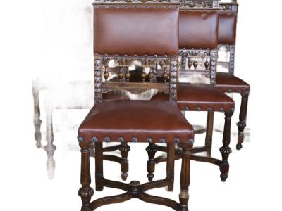 19th Century Antique Gothic Revival Side Chairs With Leather Upholstery - Set of 6