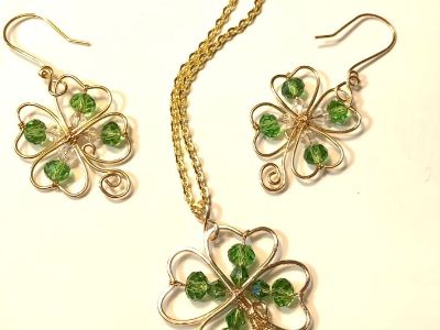 Gold Wire Wrap Shamrock Jewelry Set with Green Crystals