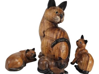 Vintage Primitive Folk Art Siamese Cat & Kittens Sculpture Set, 20.5", Handcrafted