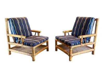 Vintage Pair of Coastal Elephant Bamboo Rattan Chairs