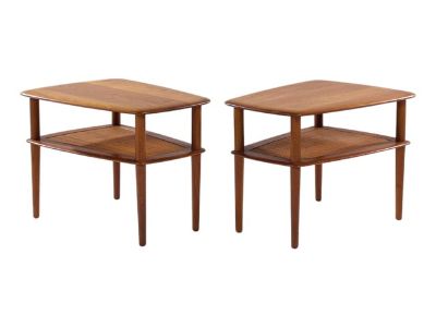 Peter Hvidt for France and Son Mid Century Danish Teak and Cane Side End Tables - Pair