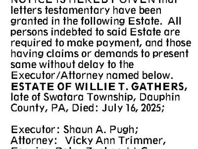 ESTATE NOTICE NOTICE IS HEREBY GIVEN that letters testamentary have been granted...