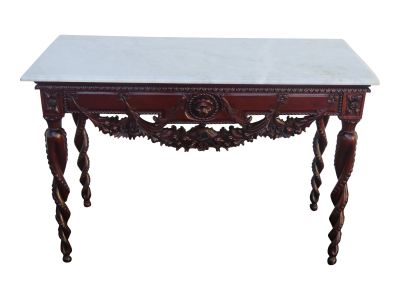 Heavy Carved Mahogany Marble Top Console Entry Table