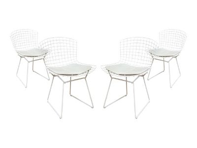 Set of 4 Modern Harry Bertoia White Side Chairs With Vinyl Seat Pads