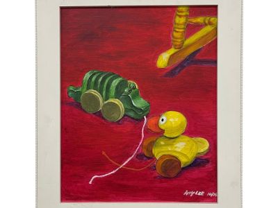 Vintage Painting of Pull Toys by Amy Lee, 2006 - Original on Canvas, Framed