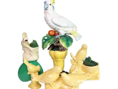 Vintage Ceramic Birds Curated Collection Yellow, Green and White With Vases- 7 Pieces