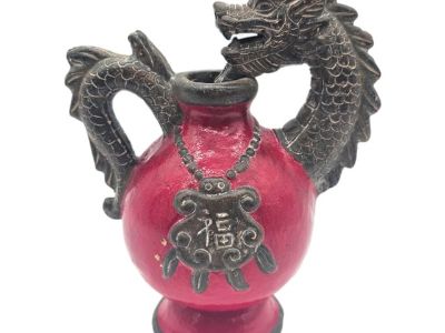 Vintage Red Chinese Dragon Vase With Fu Blessing Symbol – Year of the Dragon Accent Vessel