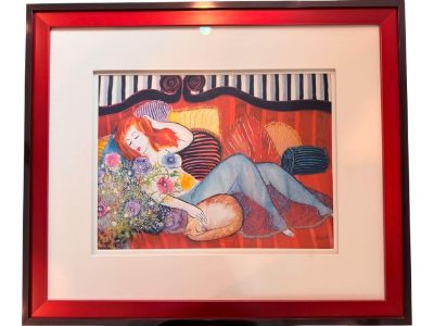 Red-Haired Woman With Cat – Framed Decorative Print Signed “Mardette H.”