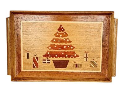 1980’s Christmas Tree Inlaid, Marquetry Wood Tray