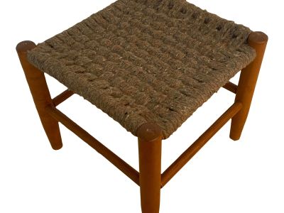 1990s Vintage Wooden Woven Textile Top Footstool Seat Bench