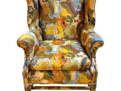 1970s Schumacher Fabric Printed Wingback Chair