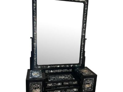 1970s Korean Black Lacquer Dressing Cabinet With Intricate Mother-of-Pearl Inlay