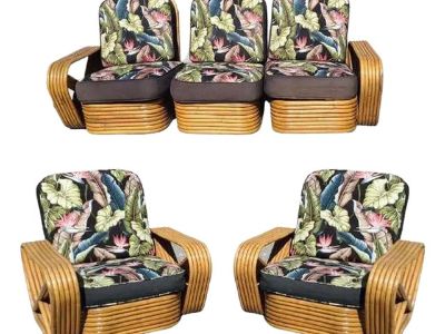 Restored 1960s Art Deco Six-Strand Stacked Rattan Sofa and Lounge ChairLiving Room Set- 3 Pieces