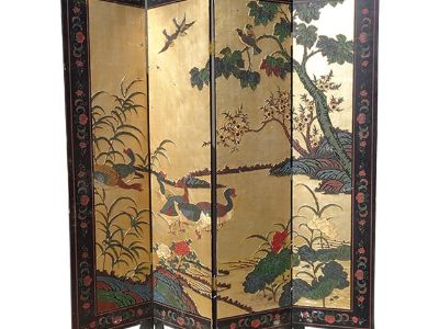 Oriental Asian Four Panel Screen Gold Chinoiserie Coromandel Room Divider Geese