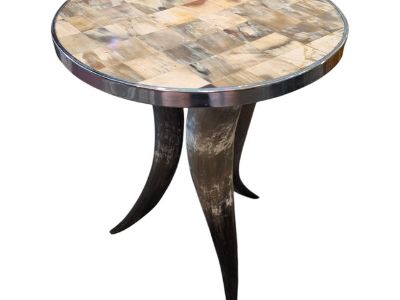 Vintage Tri Legged Horn Side End Table With Tiled Top