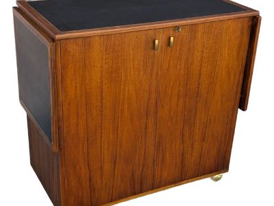 Mid-Century Modern Walnut Drop-Leaf Bar Cabinet With Faux Leather Top