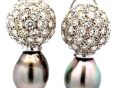 18K White Gold South Sea Gray Pearl & 3 Carat Diamond Earrings