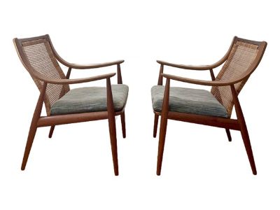 Pair of 1960s Peter Hvidt & Orla Moregaard Teak Lounge Chairs With Caned Backs