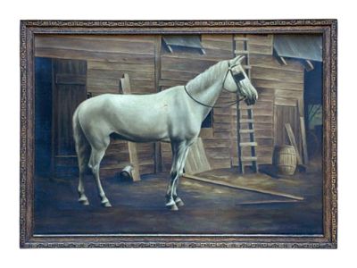 Portrait Painting of a White Horse in a Stable Interior, English School, Late 19th Century