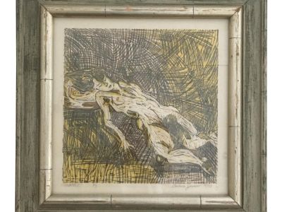 Vintage Mid-Century Abstract Nude Woman Signed Block Print Lithograph