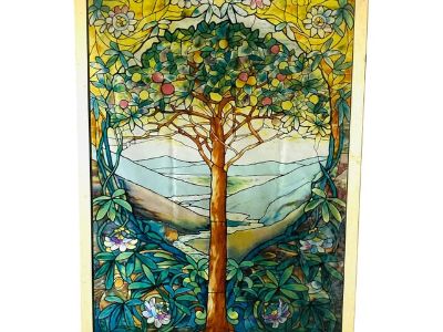 1980s Louis C Tiffany “Tree of Life” Stained Glass Art Wall Hanging Glass Masters