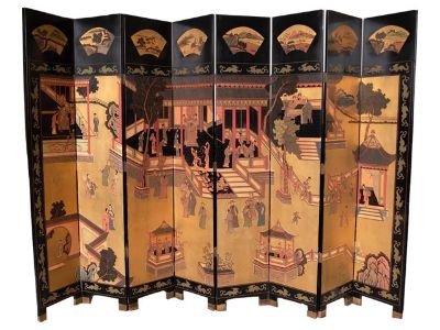 Mid 20th Century Gold Coromandel Asian Eight Panel Black Lacquer Screen
