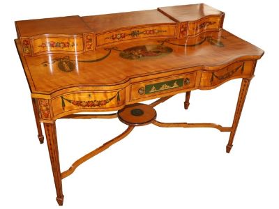 19th Century English Paint Decorated Adam Style Satinwood Writing Table Desk