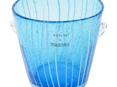 Vintage Murano Venini Labeled Sapphire Turquoise Glass Ice Bucket With White Lines