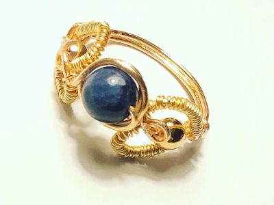 Gold Wire Wrapped Heart Ring with Blue Gemstone Bead