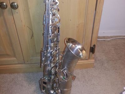 Mid-twenties Buescher silver saxophone. True Tone Low Pitch model