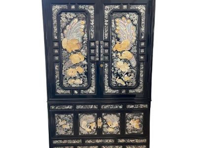 1970s Korean Black Lacquer Armoire With Hand-Carved Stone Scenery & Mother of Pearl Inlay
