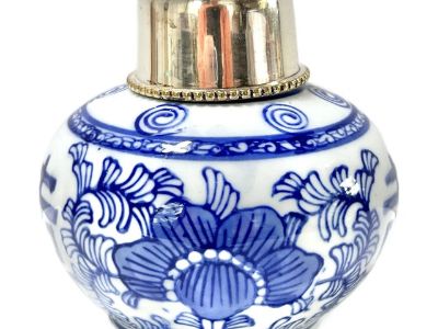 1980s Asian Blue & White Porcelain Tea Jar With Nickel Plated Lid