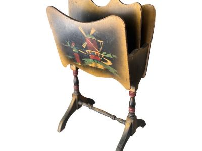 Antique Wooden Magazine Rack With Hand-Painted Dutch Scenes & Dual Compartments