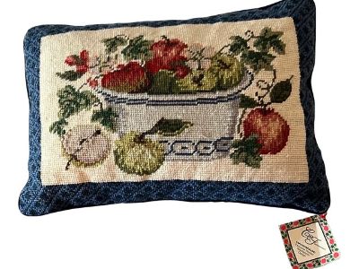 Handmade 1990s Fruit Bowl Motif Tapestry Woolen Needlepoint Pillow with Velvet Back