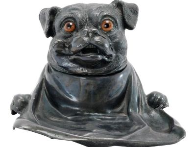 Antique Inkwell Jennings Brothers Pug Dog Pen Rest
