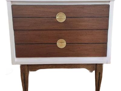 Mid-Century Modern Nightstand – Light Pink & Walnut With Brass Pulls Made by Hooker