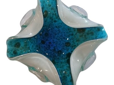 Mid-Century Murano Attributed Hand-Blown Art Glass Bowl – Turquoise & White With Aventurine Sparkle