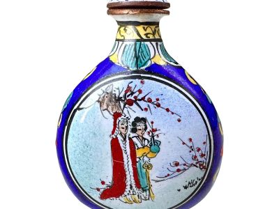 Late 19th Century Antique Chinese Hand Painted Enamel Snuff Bottle With Stopper & Spoon