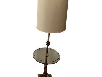 Vintage Provincial Style Stiffel Heavy Brass & Glass Top Floor Lamp With Original Shade Circa 1960s