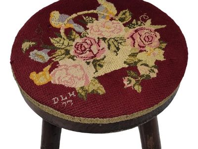 Vintage Round Footstool Pettie Point Wood Rustic Farmhouse Needlepoint Country Folk Art Stool
