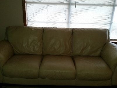 Italian Leather Couch and matching Chair. Creamy Beige color.
