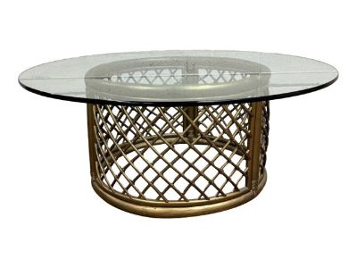Vintage Boho Style Rattan and Glass Round Coffee Table Cocktail Table