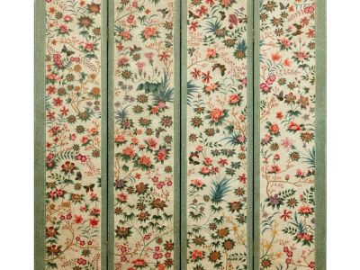 Vintage Four-Panel Polychrome Floral Folding Screen with Scalloped Accents