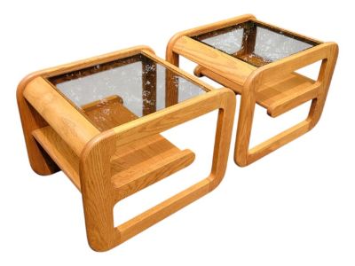 Pair Lou Hodges C1970s Solid Oak Smoke Glass Cantilevered Side End Tables