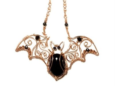 Copper Wire Wrap Onyx Stone Bat Pendant