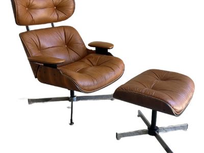 Vintage Leather Plywood Chair and Ottoman by Selig - Short