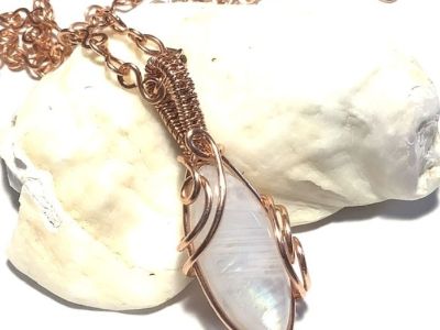 Copper Wire Wrap Leaf Shape Moonstone Pendant